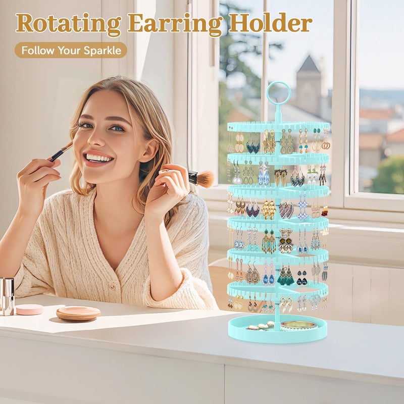 MODOWEY 6 Tier Rotating Earring Holder Organizer Display Tree with Metal Tray, Adjustable Plastic Stand with 342 Slots for Stud Hoop Hanger, Large Capacity Storage Rack for Women Space-Saving, Blue - Image 2